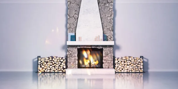 Modelo 3d de una chimenea de piedra y la colocación de leña. Chimenea, estilo chalet en el interior. representación Fotos de stock libres de derechos