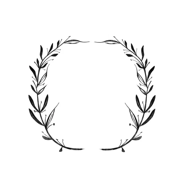 Runder Rahmen aus zwei Zweigen mit Blättern. schwarzer Griff mit grafischem Muster. isoliert auf weißem Hintergrund. — Stockfoto