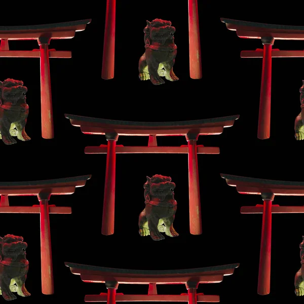 Folytonos mintázat fekete háttérrel. Ázsiai szobrászati kompozíció. Torii-Arch és az oroszlán. — Stock Fotó