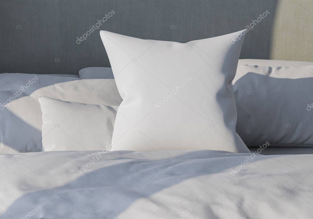 White pillow on the background of bedding. Bed made up. 3d render. lightness and sleep