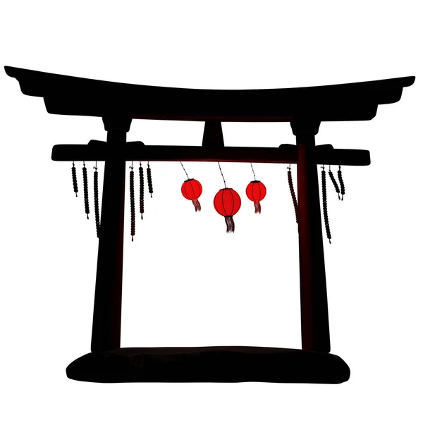 Silhouette noire de torii arc avec lanternes. Élément architectural oriental traditionnel. isolé sur un blanc. 3d rendu Images De Stock Libres De Droits