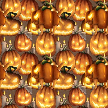 Korkunç balkabağı yüzlü, pürüzsüz bir şekil. Parlak sarı bir Cadılar Bayramı kabusu.