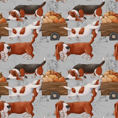 Köpek arkadaşlar hasat yapıyor. Basset Hounds bir araba dolusu balkabağı sürüyor. Hassas, pürüzsüz desen.