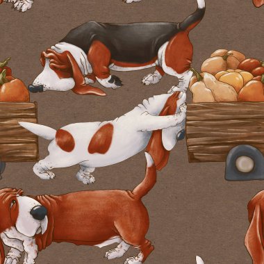 Basset av köpekleri balkabaklı bir araba taşıyor. Hasat. Kahverengi arkaplanda pürüzsüz desen.