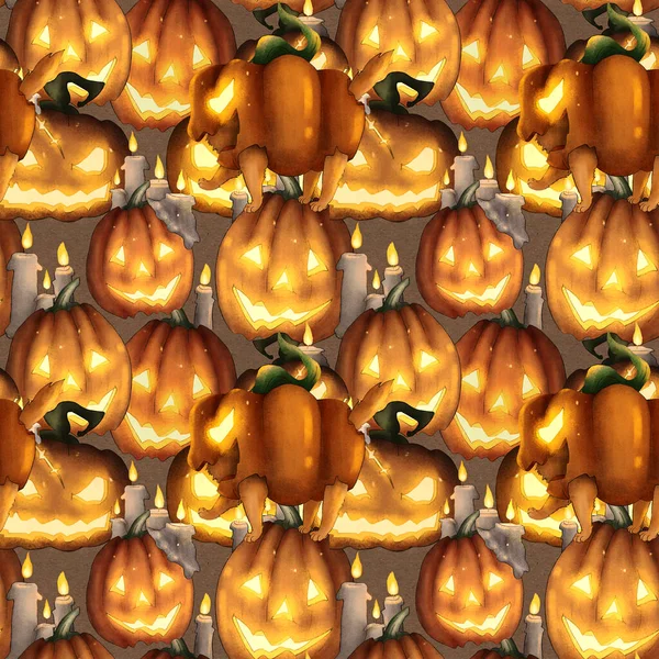 Страшные тыквенные лица бесшовные. Ярко-желтый кошмар на Хэллоуин. — стоковое фото