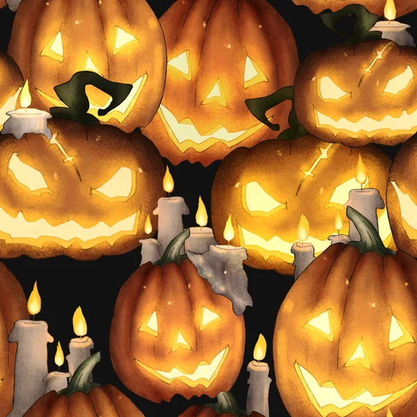 Jack o lámpás zökkenőmentes minta. Fényes Halloween sütőtök nyomtatás. — Stock Fotó