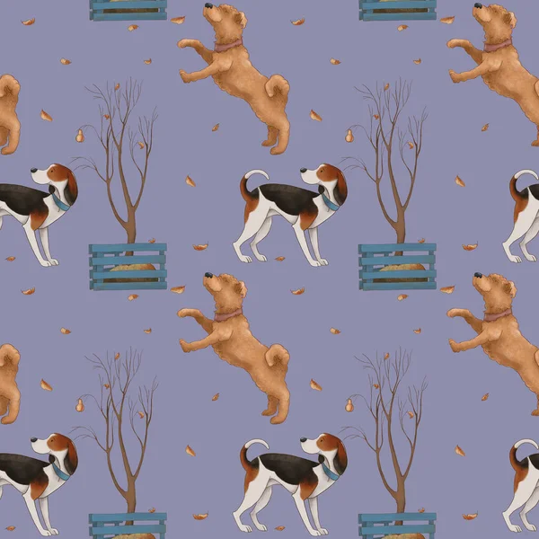 Naadloos patroon met honden, een boom en vliegende bladeren op een lila achtergrond. — Stockfoto