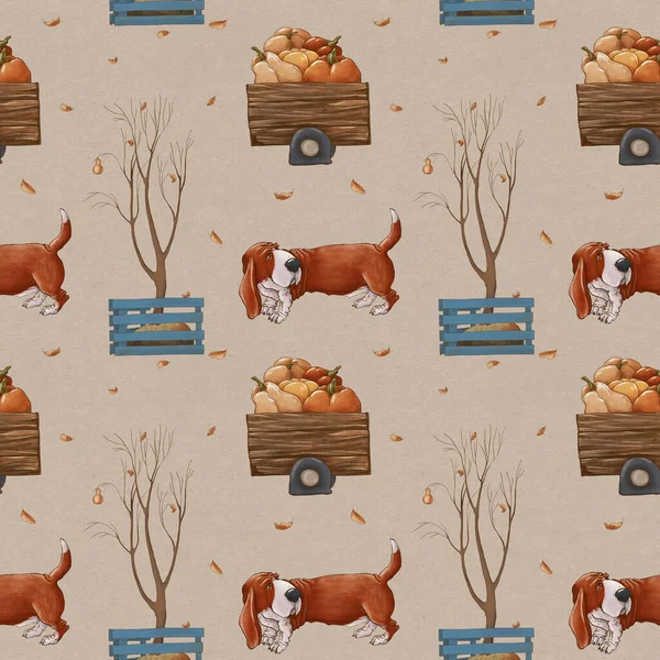 Basset jachthond met een kar pompoenen. Herfstlandschap. Naadloos patroon op een beige achtergrond. — Stockfoto