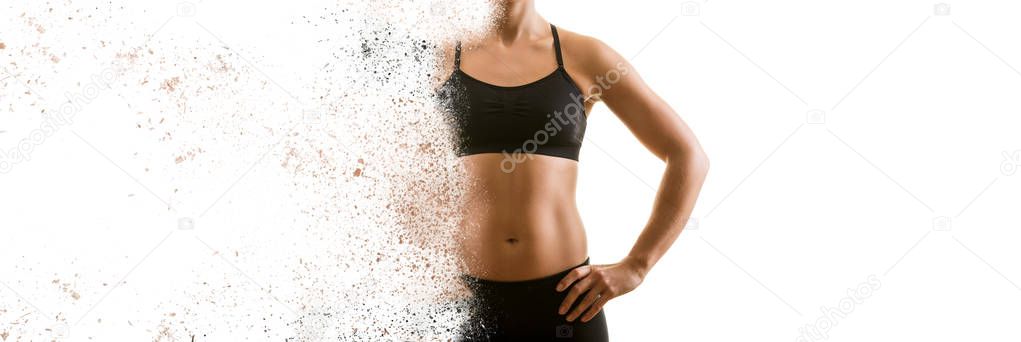 Creating the perfect female upper body concept. Dispersion effect. Isolated on white background.