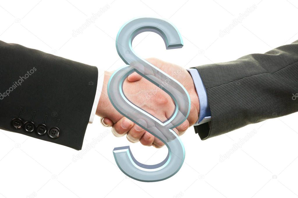Two lawyers shaking hands - paragraph symbol. Concept for justice.	
