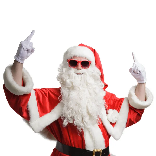 Santa Claus Skierowana Jego Palców Górę Białym Tle — Zdjęcie stockowe