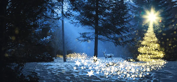 Kouzelná Vánoční Scéna Lese Jelen Zářící Vánoční Stromeček — Stock fotografie