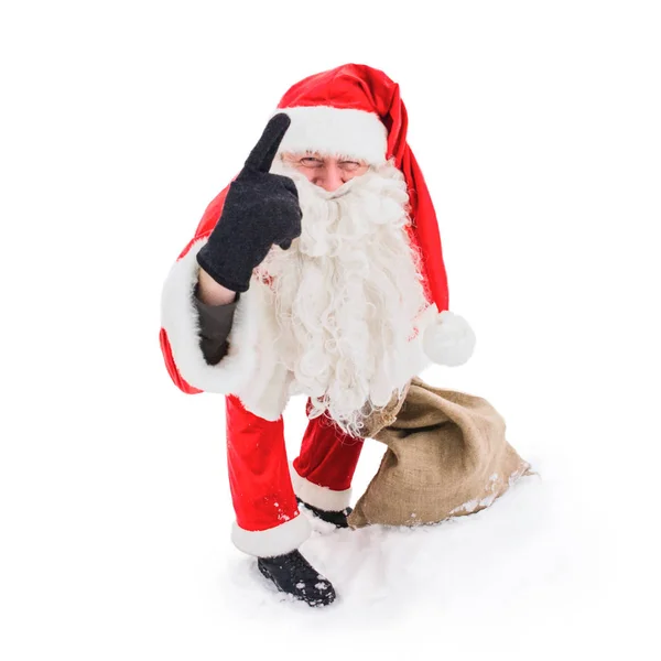 Santa Claus Skierowana Jego Palec Górę Białym Tle — Zdjęcie stockowe