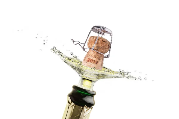 Een Kurk Plons Met Champagne Mousserende Wijn Voor Het Nieuwe — Stockfoto