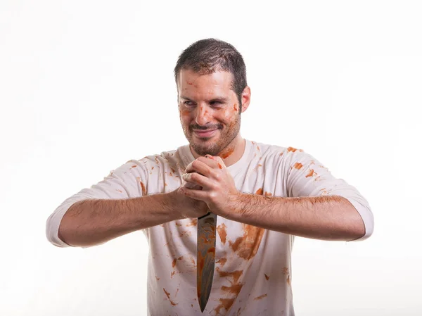 Dühös Ember Véres Shirt Izolált Fehér Háttér — Stock Fotó