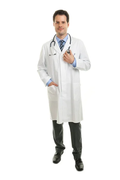 Maschio Medico Caucasico Camice Sfondo Bianco — Foto Stock