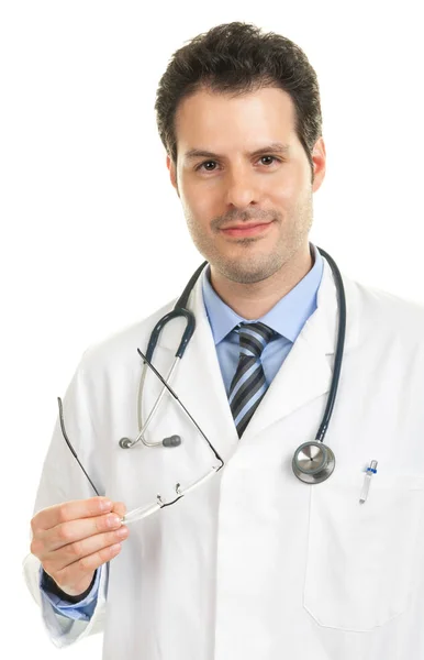 Beyaz Arka Plan Üzerinde Laboratuvar Önlüğü Erkek Beyaz Doktor — Stok fotoğraf