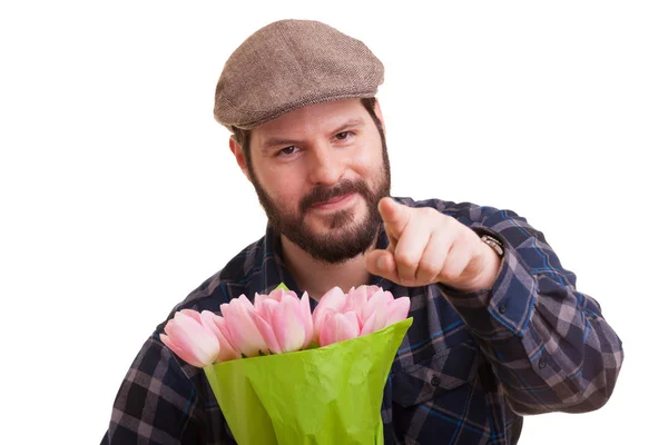 Bebaarde Man Met Boeket Tulpen Geïsoleerd Witte Achtergrondkleur — Stockfoto