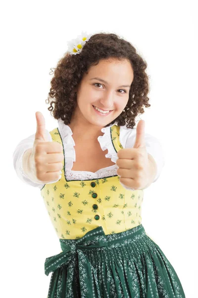 Mujer Joven Traje Bavariano Tradicional Mostrando Los Pulgares Hacia Arriba —  Fotos de Stock