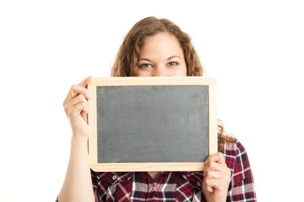 Jovem Mulher Segurando Quadro Branco — Fotografia de Stock