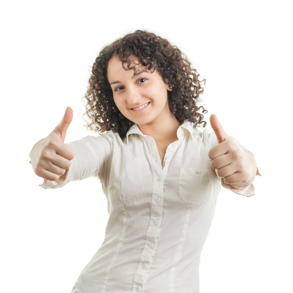 Молодая Женщина Показывает Большие Пальцы Вверх Изолированные Белом Фоне — стоковое фото