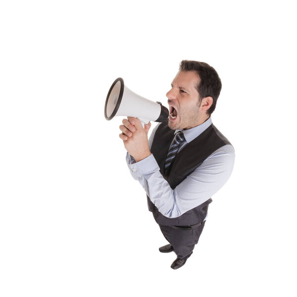 Young businessman with loud speaker isolated on white background