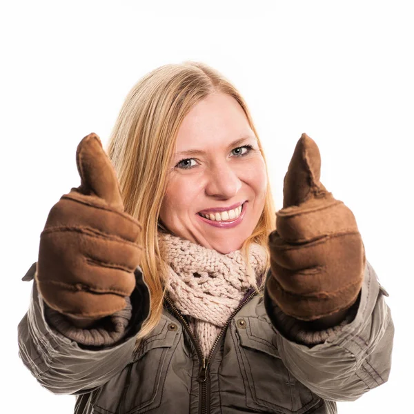 Joven Sonriente Mujer Guantes —  Fotos de Stock