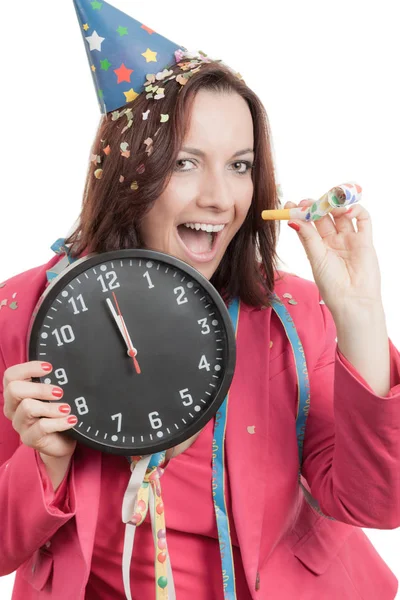 Femme Heureuse Avec Horloge Dans Les Mains Fête — Photo