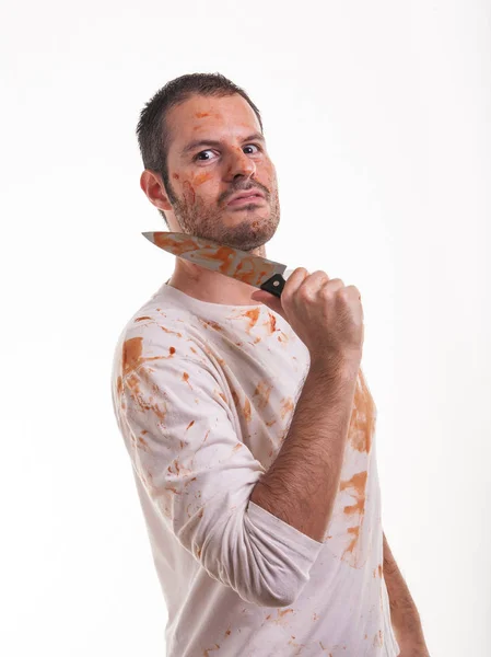 Boze Man Bloedige Shirt Geïsoleerd Witte Achtergrond — Stockfoto