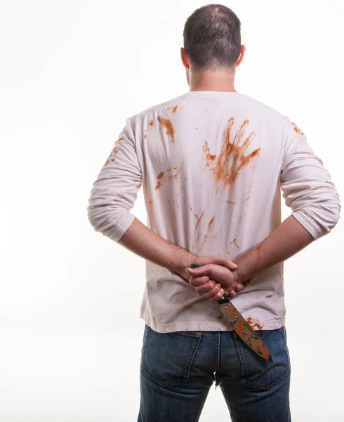 Θυμωμένος Άνθρωπος Ματωμένο Shirt Απομονώνεται Λευκό Φόντο — Φωτογραφία Αρχείου
