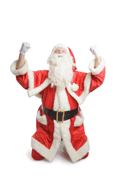 Szczęśliwy Santa Claus Kolana Ręce Plomby Izolowana Białym Tle — Zdjęcie stockowe