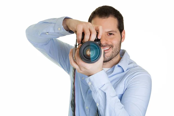 Fotógrafo Masculino Con Cámara Aislada Sobre Fondo Blanco Fotos de stock