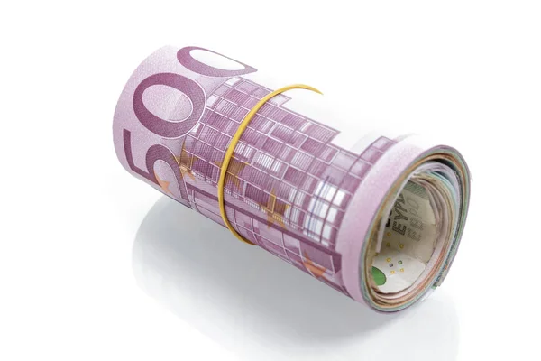Roll Eurobankovek Bílém Pozadí — Stock fotografie