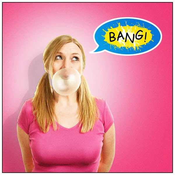 Young woman blowing bubblegum