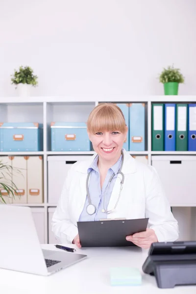 Cheerful Female Doctor Working Clinic — Stock Photo, Image