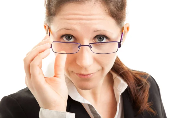 Mulher Negócios Usando Óculos Retrato Isolado Fundo Branco — Fotografia de Stock
