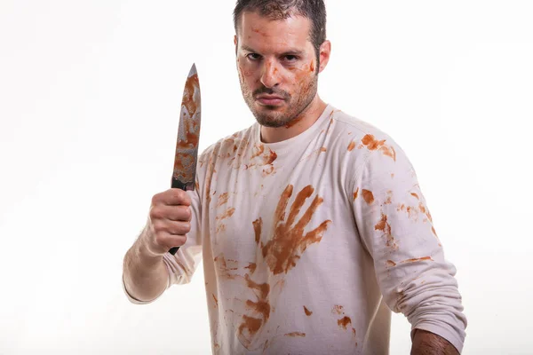 Zły Człowiek Krwawej Shirt Wyizolowany Białym Tle — Zdjęcie stockowe