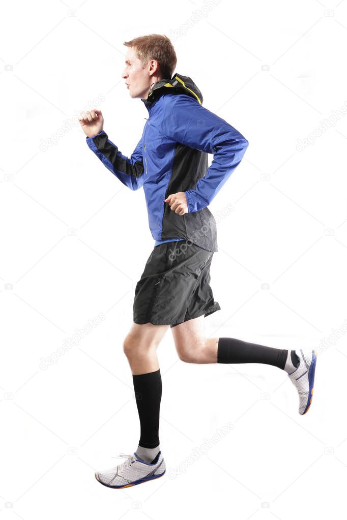 Male runner in blue isolated on white background