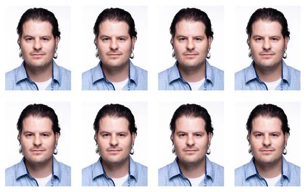 Frontal erkek pasaport fotoğrafları beyaz arka plan üzerinde izole. Avrupa Birliği Standardizasyonu.