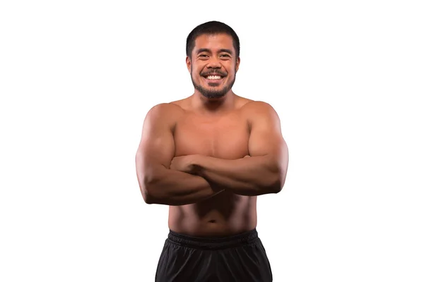 Sonriente asiático hombre con muscular superior cuerpo aislado en blanco bac — Foto de Stock