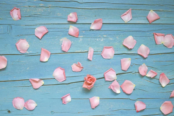 Fondo Madera Azul Turquesa Con Rosas Pétalos Hojas Imagen Vintage —  Fotos de Stock