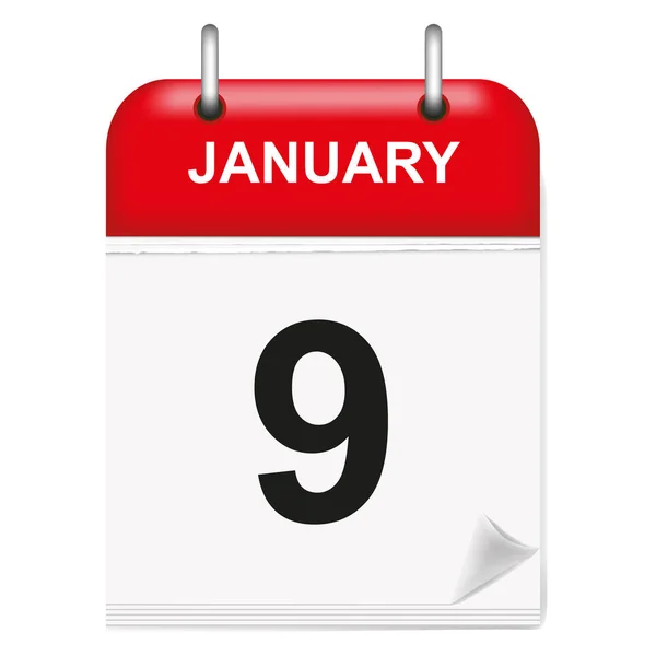 Günlük tek yapraklı takvim, kırmızı omurga, 3d, ay Ocak, 9, 9, 9. Vektör, illüstrasyon