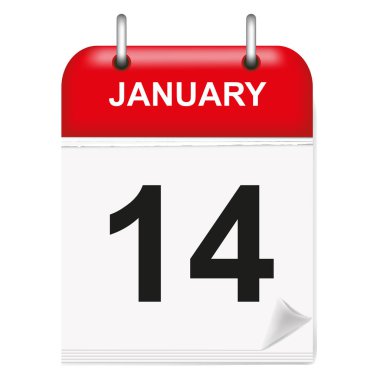 Günlük tek yapraklı takvim, kırmızı omurga, Ocak, ondördüncü, 3d, ayı 14, 14. Vektör, illüstrasyon