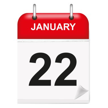 Günlük tek yapraklı takvim, kırmızı omurga, 3d, ay Ocak, yirmi saniyelik 22, 22. Vektör, illüstrasyon