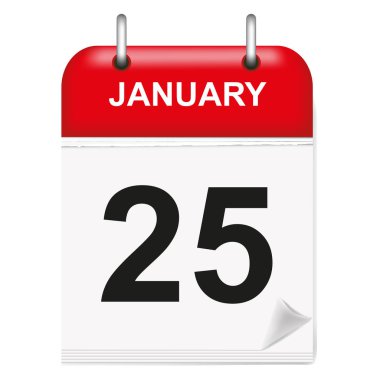 Günlük tek yapraklı takvim, kırmızı omurga, 3d, ay Ocak, yirmi beşinci, 25, 25. Vektör, illüstrasyon