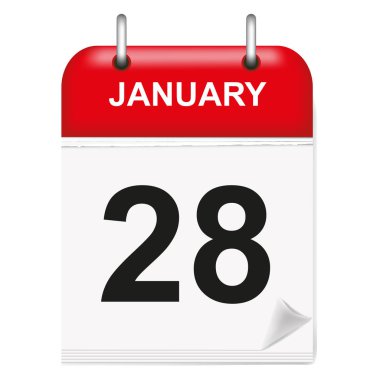 Günlük tek yapraklı takvim, kırmızı omurga, 3d, ay Ocak, yirmi sekizinci, 28, 28. Vektör, illüstrasyon