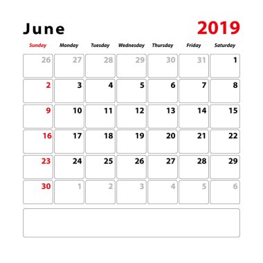Takvim sayfası Haziran 2019, metin notları için boş alan ayı için. Vektör çizim.