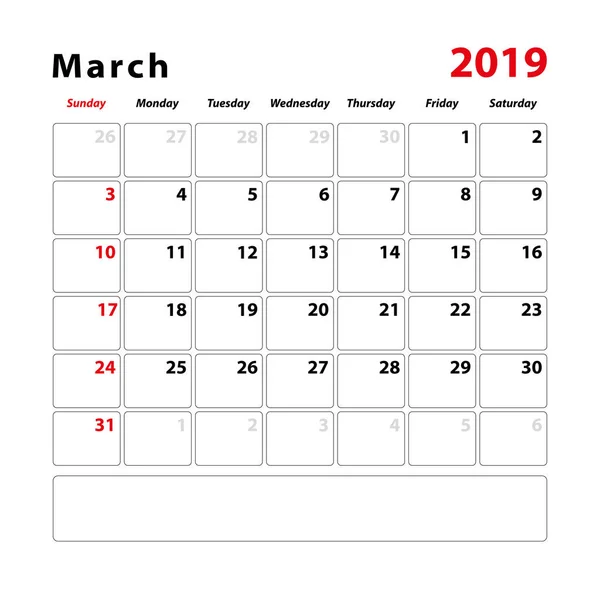 Hoja Calendario Para Mes Marzo 2019 Espacio Para Notas Texto — Archivo Imágenes Vectoriales