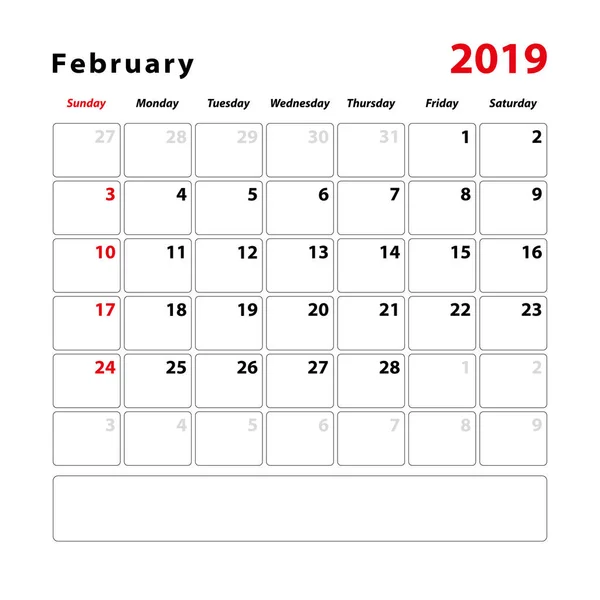 Hoja Calendario Para Mes Febrero 2019 Espacio Para Notas Texto — Archivo Imágenes Vectoriales