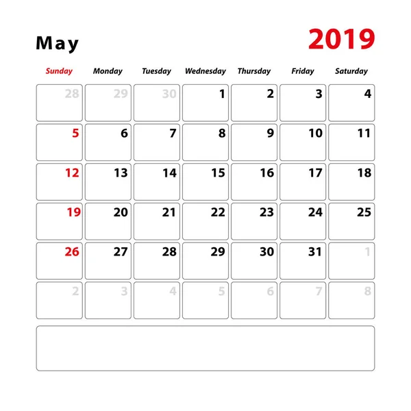 Hoja Calendario Para Mes Mayo 2019 Espacio Para Notas Texto — Archivo Imágenes Vectoriales